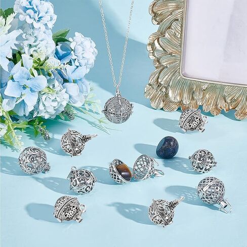 SUNNYCLUE 10Pcs 5 Styles Cage Charms Brass Locket Charms Stone Holder Necklace Silver Hollow Spiral Bead Cages Round Chime Ball Pendants for Jewelry Making Women Adults DIY Necklaces Crafts in Saudi Arabia