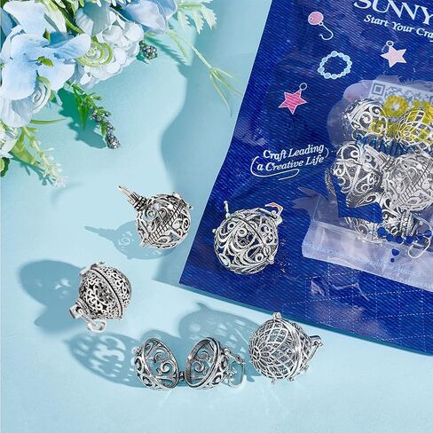 SUNNYCLUE 10Pcs 5 Styles Cage Charms Brass Locket Charms Stone Holder Necklace Silver Hollow Spiral Bead Cages Round Chime Ball Pendants for Jewelry Making Women Adults DIY Necklaces Crafts in Saudi Arabia