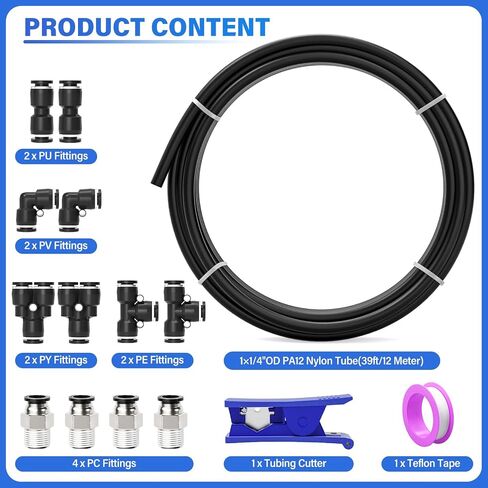 TAILONZ PNEUMATIC Black 1/4 Inch od 10 Meter 32.8ft PU Air Tubing Kit Pipe Hose Air Line Tubing in Kuwait