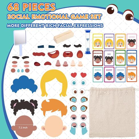 PP OPOUNT Social Emotional Learning Toy, Funny Faces Games with 28 Facial Expressions and 12 Emotional Flashcards, Preschool Learning Activities Toy to Express Emotions for Kids Age 3+ in Kuwait