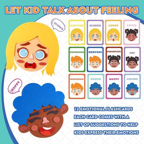 PP OPOUNT Social Emotional Learning Toy, Funny Faces Games with 28 Facial Expressions and 12 Emotional Flashcards, Preschool Learning Activities Toy to Express Emotions for Kids Age 3+ in Kuwait
