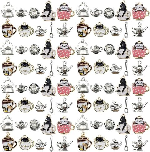 Youdiyla 60pcs Alloy enamel tea drinking time series Pendant Jewelry Making DIY Keychain Earrings Pendant Various Design Charms for Jewelry Making Bracelets Necklace (SN626) in Kuwait