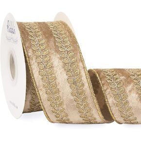 Ribbli Champagne Luxe Velvet Wired Ribbon with Embroidery Design 2.5 Inch Christmas Ribbon for Gift Wrapping Christmas Tree Decoration Crafts Wreaths Supplies-Continuous 5 Yards