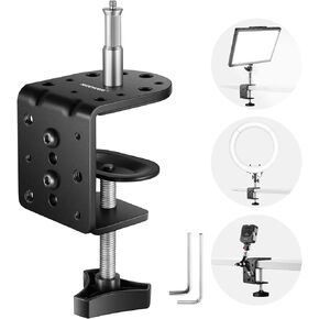 NEEWER 2 Pack Heavy Duty C Clamp with Mounting Column for Light Stand, Adjustable Metal Desk Clamp with 1/4" 3/8" Screws for Ring Light LED Video Light Camera, Max Load 44lb/20kg, ST-CCD9