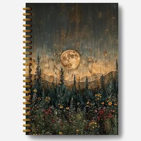 Moon Journal Notebook, Rustic Full Moon Forest Wildflowers Floral Notebook Journal, Aesthetic Notebook, Journal Notebooks for Note Taking, Spiral Notebook 5.5x8.3 Inch