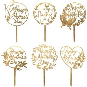 Mother's Day Cake Topper, 6pcs Acrylic Happy Mother's Day Cupcake Topper for Birthday Mom's Day Cake Best Mom Cake Picks Party Decoration Supplies