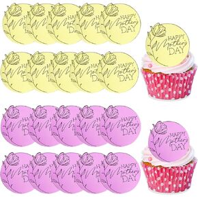 20Pcs Happy Mother's Day Acrylic Cupcake Topper roundness Flower Mirror Cake Picks Engraved Cake Topper Cupcake Decorations for Mother's Day Party Supplies