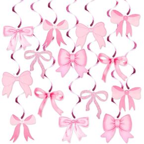 لافتة عيد ميلاد سعيد من Jijacraft ، راية Pink Bow Party مع دوامات القوس 14pcs معلقة على إكليل ، جيل دش الطفل ، زخرفة عيد ميلاد Coquette للجدار ، الموقد ، النافذة