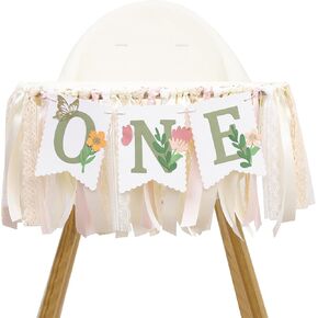 Blossom High Chair Banner-Floral 1st Party Decorations For Baby Girls -Green Spring flower Birthday Decoration, Flower And Butterfly High Chair Banner, Little Fairy First Birthday Photo Props Cake Smash