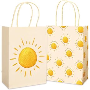 JarThenaAMCS 24Pcs Boho Sunshine Paper Gift Bags First Trip Around The Sun Treat Bags with Handles Light Yellow Candy Goodie Bags Grocery Shopping Bags for Baby Shower Party