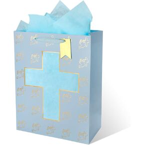 حقيبة الهدايا الزرقاء Rotel تصميم مع معمودية الأنسجة للأنسجة ، تعميد ، استحمام الطفل ، أول هدايا تفاني في المجتمعات المناسبة الكاثوليكية الدينية- 10 "× 5" × 13 "