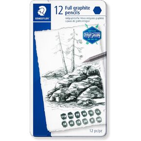 Staedtler رحلة تصميم قلم الرصاص Staedtler الكامل ، بريق معدني في مجموعة واسعة من النغمات الرمادية ، 6 أقلام جرافيت كاملة بدرجات متنوعة في العلبة المعدنية ، 100 جرام M6