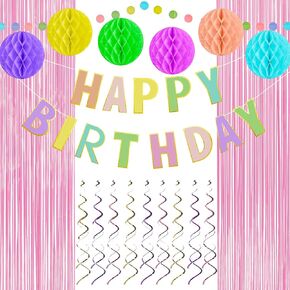 Wokceer Gold Happy Birthday Banner Happy Birthday Sign Birthday Party Decorations Kit for Girls Boys Birthday Decoration with Honeycomb Balls, Foil Curtain Hanging Swirl Streamers Circle Dots Garland
