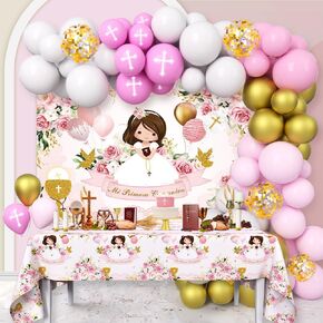 Mi Primera Comunión Decorations for Girls ، 90 PCS Baptism موضوع بالونات Mi Primera Comunión الخلفية الوردية الأولى ديكورات الشركة المقدسة.