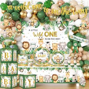 زخارف دش الطفل Safari ، 285pcs برية عيد ميلاد واحد ديكورات غابة دش الطفل لوحات وأكواب منديل خلفية البالونات المائدة صناديق إكليل ،