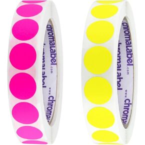 ChromaLabel 0.75 inch Fluorescent Pink and 0.75 inch Yellow Round Label Removable Color Coding Dot Sticker Bundle