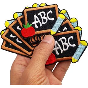 2.6"x1.8" 12pcs Black to School ABC Black Board Patch Iron On Embroidered Patches Appliques Machine Embroidery Needlecraft Clothes Accessory Sewing DIY