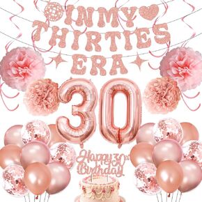 30th Birthday Decorations for Her, Rose Gold 30th Birthday Decorations for Women Include In My Thirties Era Banner Rose Gold Balloon Paper Pom Poms and Cake Topper, 30th Birthday Decorations for Her