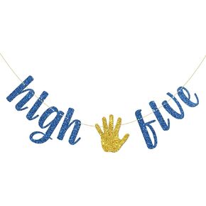 High Five Banner, 5th Birthday Party Banner Decor, Five Years Old Banner, 5th Birthday Party Decoration Supplies, Glittery Blue