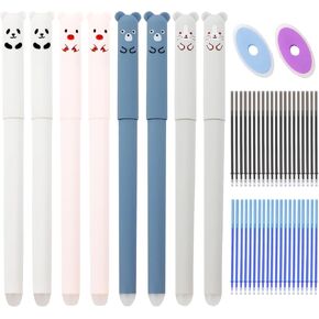 8 PCS Erasable Gel Pens, 0.38mm Cute Cartoon Animal Rollerball Pens, Refillable Writing Set with 40 PCS Refills and 2 PCS Eraser, Erasable Pen for Students Kids School Office (Black, Blue)