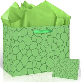 Woosytoo Green Turtle Gift Bag Turtle Theme Birthday Wrapping Paper Bag with Tissue Paper Greeting Card for Kids Boy Hero Summer Under the Sea Bday Baby Shower Party Favor Decorations