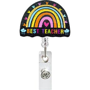 Teacher Retractable Badge Reel with Alligator Clip Teacher Life ID Card Badge Holder Funny Rainbow Badge Funny Black Glitter Badge Reel Gift for Teacher Colleague Headmaster School Staff