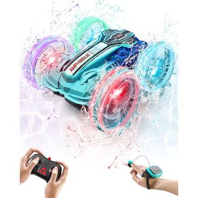 قارب سيارة التحكم عن بعد البرمائيات للطفل ، إيماءات 4WD مقاومة للماء RC CAR 2.4 جيجا هرتز عن بعد ، قارب RC مع مصابيح LED ، ألعاب للأعمار 8-13 BOYS GIRLS 360 ° FLIPS COLL COLL THELAIN WATER POOTH BLUE
