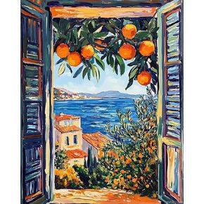 Svinoiler Seaside Scanery Paint حسب رقم للمبتدئين للبالغين ، طلاء الأشجار البرتقالي بأرقام على قماش ، طلاء نافذة بأرقام أرقام مناسبة لهدية تزيين الجدار المنزلي 16 × 20 بوصة