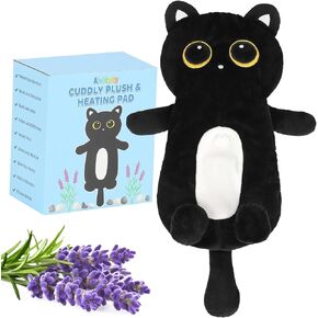 Microwave Heating Pads, Black Cat Design Reusable Heated Stuffed Animal, 1.4lb Removable Weighted Warmies Animals, Super Soft Cozy Heatable Plush Body Pad for Cramps of Relief