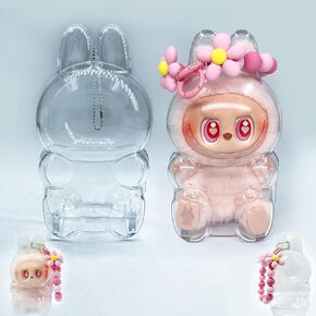Protective Acrylic Case for LABUBU The Monsters Plush Toys – Clear Display Case with Pink Flower Chain – Perfect for Showcasing & Protecting Your Collectible Plush (TastyMacarons-Stand)