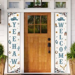 Cowboy Party Decorations Blue - Yee Haw Welcome Door Banner, Cowboy Baby Shower Party Decorations for Boys, Wild West Baby Shower Birthday Party, Western Cowboy My First Rodeo Party Porch Sign