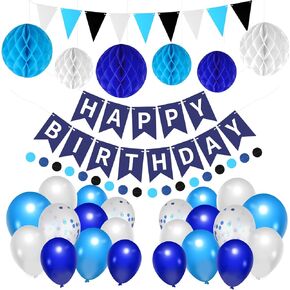 33 حزم ديكورات حفلة عيد ميلاد ، عيد ميلاد سعيد معلقة دائرة لافتة دائرة النقطة المثلثات قرص العسل كرات بالون مجموعة للبنين الفتيات الرجال النساء في سن المراهقة (الأزرق والأسود)