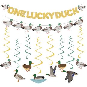 Mallard Duck Themed Baby Shower Decorations,One Lucky Duck Hunting Banner with Hanging Swirls for Baby Boy Girl 1st Birthday Party Decor Supplies