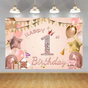 عيد ميلاد سعيد 1strop Banner Banner Decoration for Girls Happy 1 Year Fabric Sign Poster ، Rose Photo Photo Professional First Decorts Decorations Forms ، 59 "x35.4"