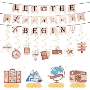 Let the Adventure Begin Decorations Travel Themed Party Banner Sign Hanging Swirls Honeycomb Centerpieces for Travel Birthday Graduation Retirement Farewell Going Away Bachelorette Party Supplies