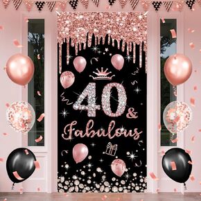 Black Rose Gold 40th Birthday Decorations Door Banner for Women Fabulous 40th Birthday Door Cover Banner Forty Years Old Birthday Front Door Porch Sign Backdrop for 40th Birthday Party Supplies
