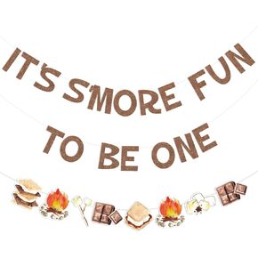Sursurprise S’mores عيد ميلاد ديكورات حفلة ، من الممتع أن تكون لافتة واحدة ، وعربة واحدة سعيدة ، ومستلزمات لحفلات Camping Campingfire لعيد الميلاد الأول