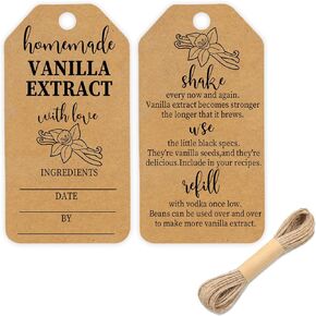 50PCS Kraft Vanilla Extract Labels Homemade Vanilla Extract Tags with Instructions for Gifting & Refilling Handcrafted Vanilla Bottles,Valentine's Day Gift,Kitchen Pantry,Jar(Includes rope),2.6*1.3 In