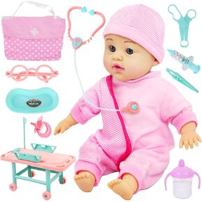 Talking Baby Doll with Toy Doctor Kit for Kids - دمى الجسم الناعمة و 10 أجهزة كمبيوتر تتظاهر بلعب الطبيب الطبيب للطفل الفتاة الفتيات الأعمار 3 4 6+