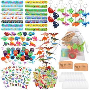 Hungdao 178 PCS Dinosaur Party Party Forms for 16 Kids with Dinosaur Keychain Sticker Stamp Ring Ring Slap Stattoo Tattoo Dift Tage for Boys and Girls Party Gip Gift