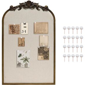 Arch Fabric Pinboard, Antique Gold Bulletin Boards 19"x31", Vintage Cork Board with Ornate Iron Frame for Wall Unique Display, Organization and Decor Options