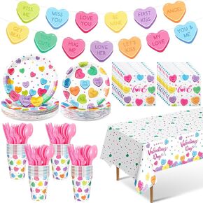 171 PCS Valentine Day Party Supplies لـ 24 ضيفًا محادثة قلوب Xoxo Paper Paper Cups Cups Catlery Catlery for Galentines Day Tableware Decor