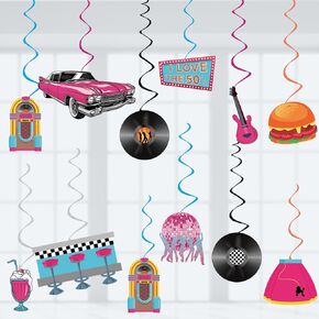 50s Hanging Swirls Retro 1950s Rock and Roll Music Party Decorations, Assembled and Ready to Use, Soda Sock Hop Theme Party Decor Supplies Party Streamers 24pcs Birthday Party Decor Banner