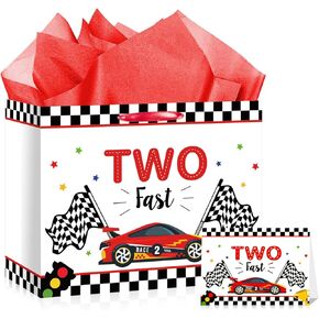 Woosytoo Two Fast Birthday Gift Bag for Boys Happy 2nd Birthday Gift Bag Race Car Party Favor Bag with Paper and Greeting Card for Boys 2 Year Old Birthday Party Baby Shower Supplies