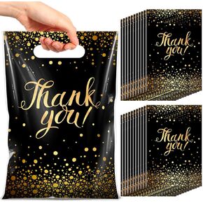 100 PCS شكرًا لك أكياس الهدايا بأكياس بلاستيكية سوداء وذهبية مع مقابض أسود جيد لعلاج ملفوف للتسوق لصالح حفلات عيد الميلاد تخرج البضائع التجارية الصغيرة ، 6.7 "× 9.8"