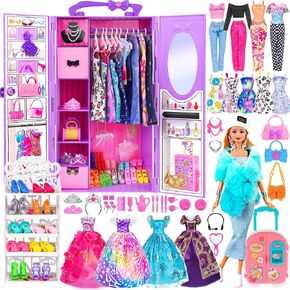 105 Pcs Doll Closet Wardrobe Set Dream Closet Playest Doll Clothes and Accessories for 11.5 Inch Girl Doll Including Wardrobe,Shoes Rack,Dress,Shoes Hangers,Necklace and Other Accessories(No Doll)