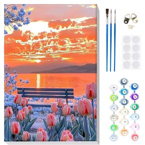 Mogtaa Tulip Paint by Number Kit للبالغين المبتدئين مؤطرة ، الطلاء البالغين من قبل مجموعات الأرقام على القماش ، وأطقم الطلاء السهلة للبالغين ، ومجموعات الطلاء الزيتية الزهور DIY للديكور المنزلي ، 8x12in