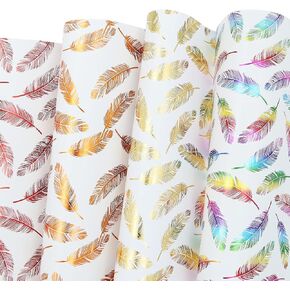 Geluode Gift Wabs Papers ، Feather Design Foil Fiold First Wabs Paper ، 4 White Art Paper for Birthday Armossh Christmas Eid Eid أو Apathers Day Baby Shower Down (4 heets)