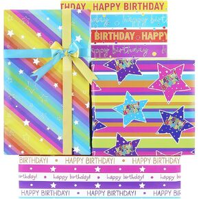ورقة التغليف قوس قزح ورقة عيد ميلاد سعيد للبنات يا أطفال ، Star Rainbow Line Birthday 4 Designs Designs Gaft Wrap with Drbons for Baby Shower Party Holiday - Plated 27.5x19.5 inches