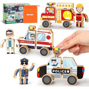 Wooden Emergency Vehicles Snap & Take-Apart STEM Toys for Kids Ages 3-6 | 41Pcs Building Blocks with Firetruck, Police Car & Ambulance | Montessori Fine Motor Skills Gift for Toddlers Boys Girls